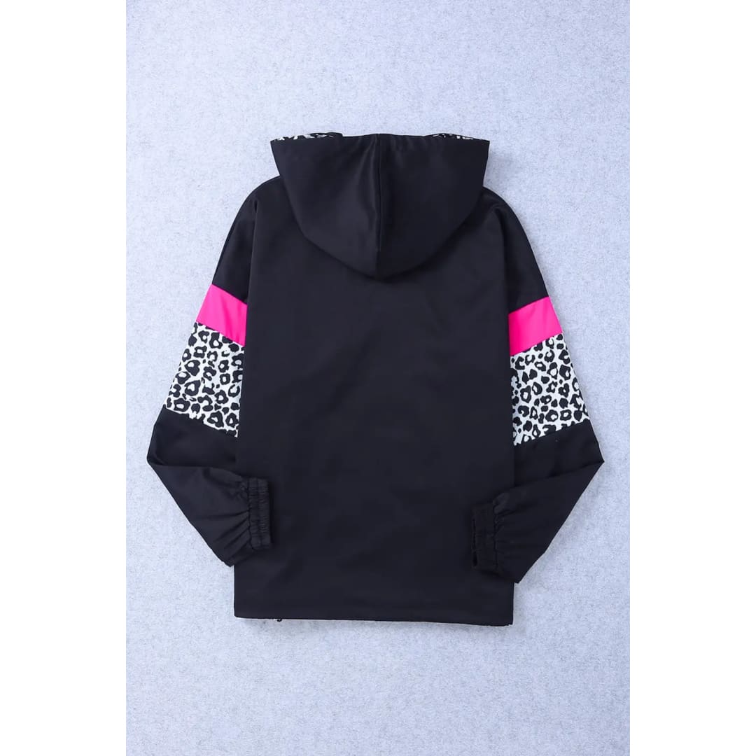 White Leopard Color Block Pockets Zip-up Hooded Jacket | Fashionfitz