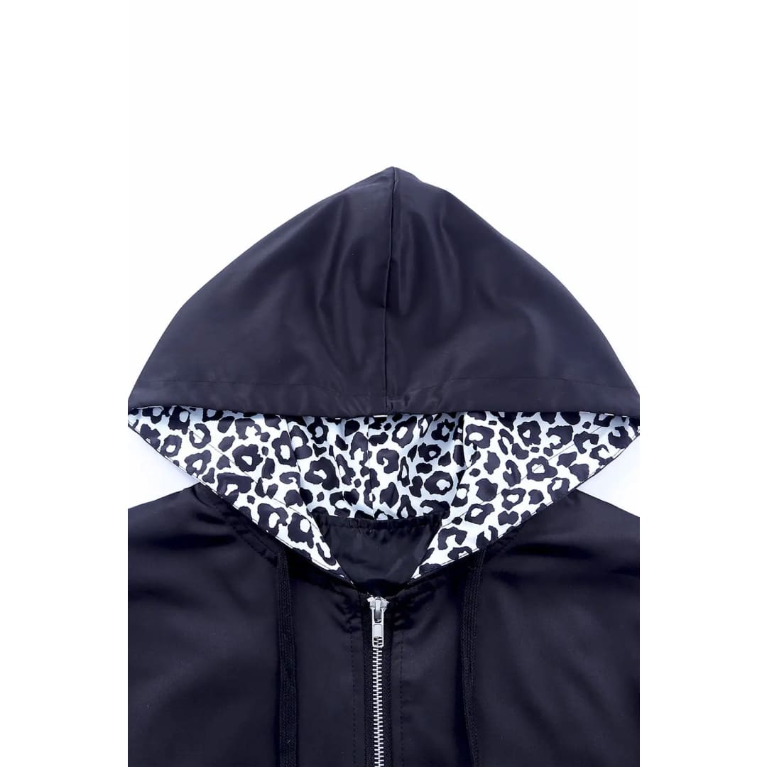 White Leopard Color Block Pockets Zip-up Hooded Jacket | Fashionfitz