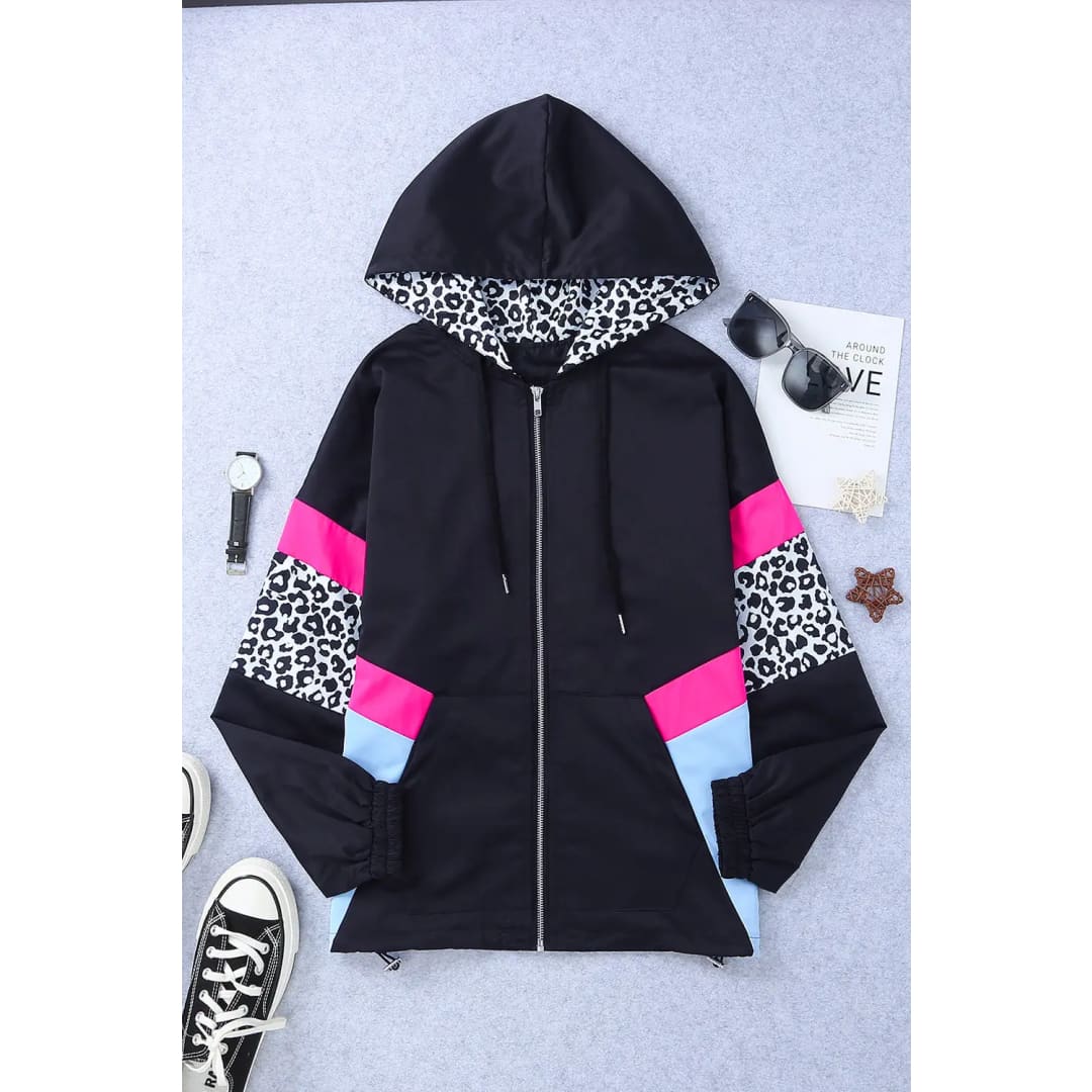 White Leopard Color Block Pockets Zip-up Hooded Jacket | Fashionfitz