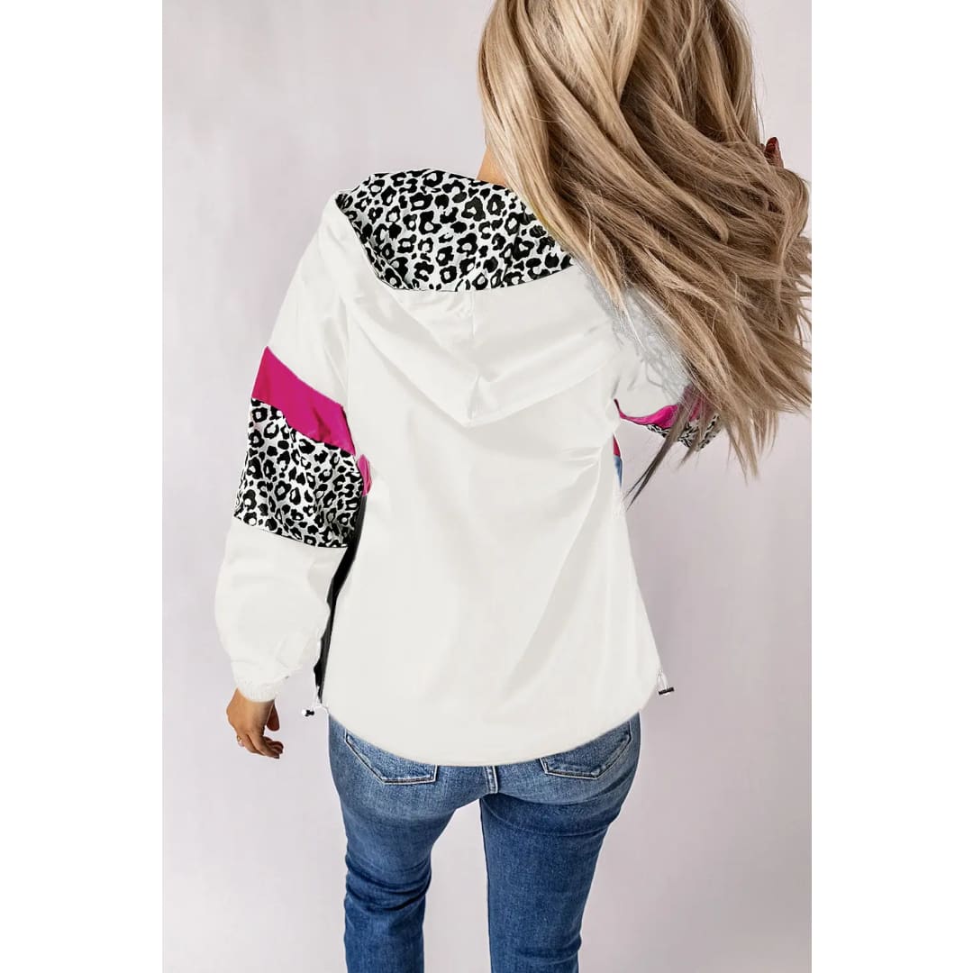 White Leopard Color Block Pockets Zip-up Hooded Jacket | Fashionfitz