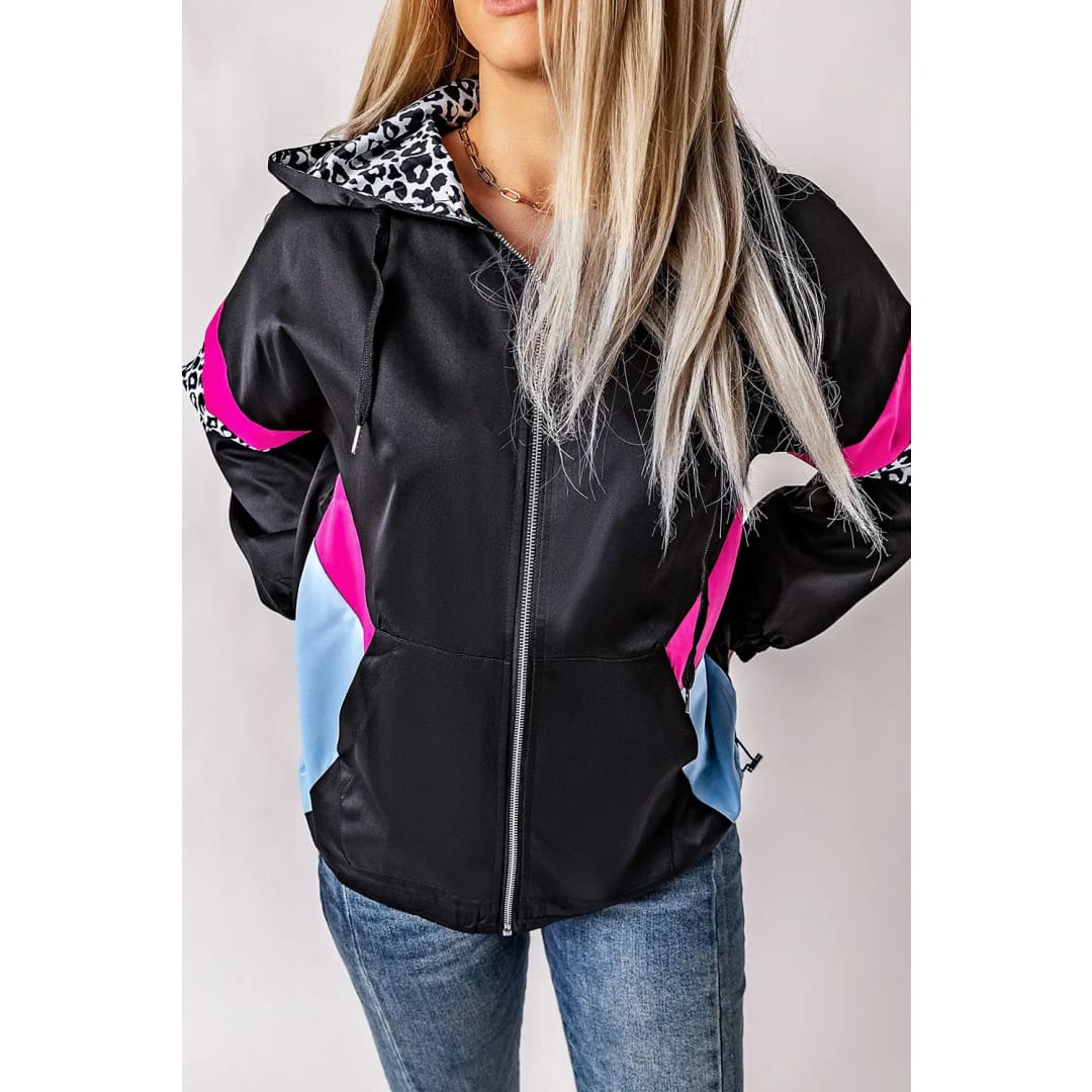 White Leopard Color Block Pockets Zip-up Hooded Jacket | Fashionfitz