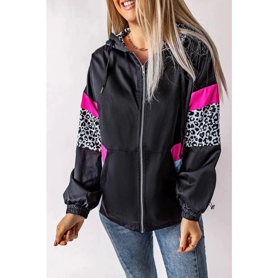 White Leopard Color Block Pockets Zip-up Hooded Jacket | Fashionfitz