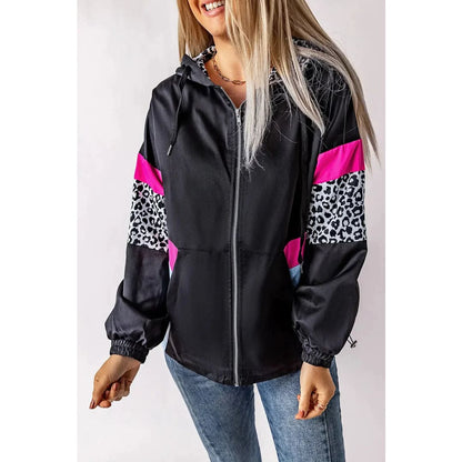 White Leopard Color Block Pockets Zip-up Hooded Jacket | Fashionfitz