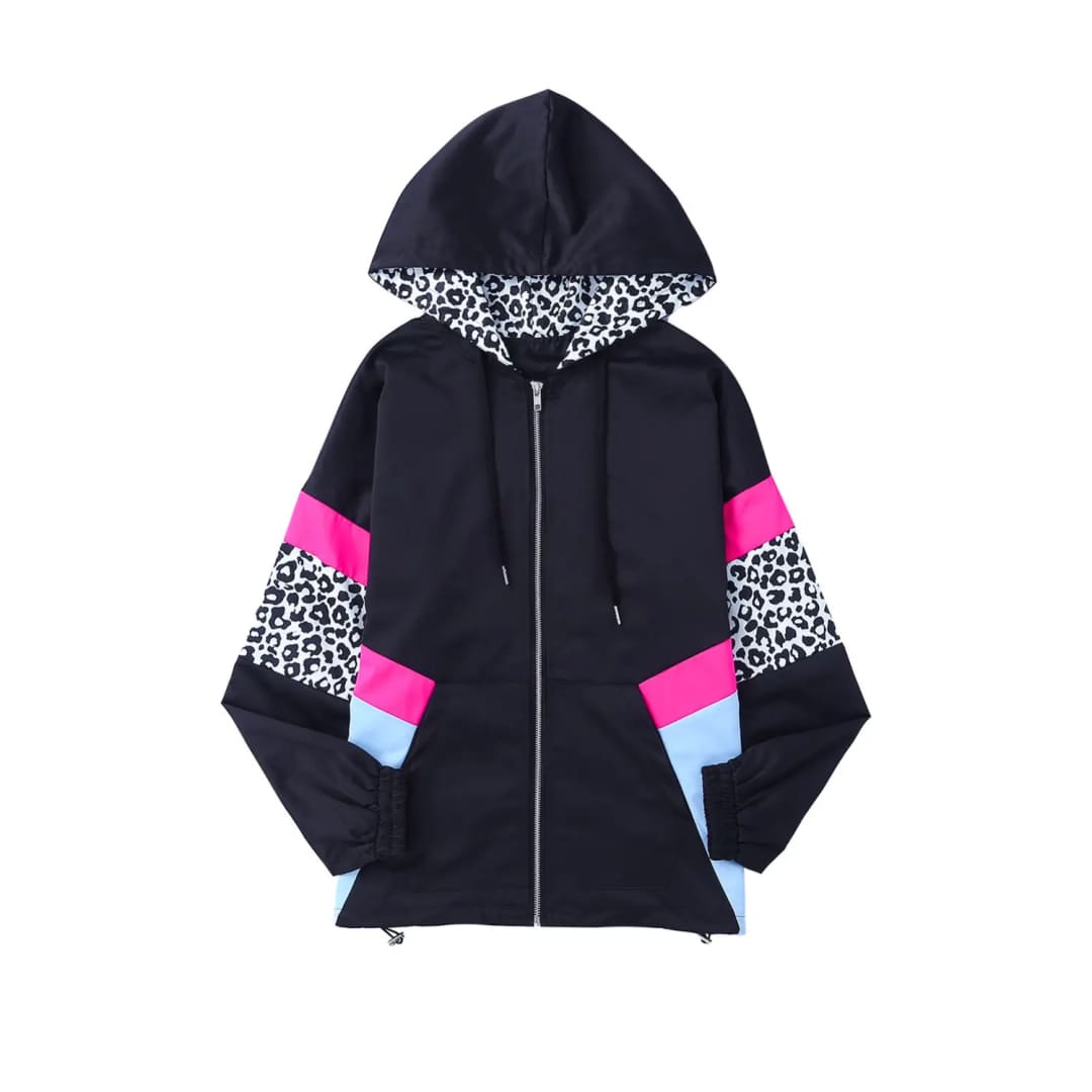 White Leopard Color Block Pockets Zip-up Hooded Jacket | Fashionfitz