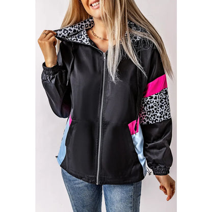 White Leopard Color Block Pockets Zip-up Hooded Jacket | Fashionfitz