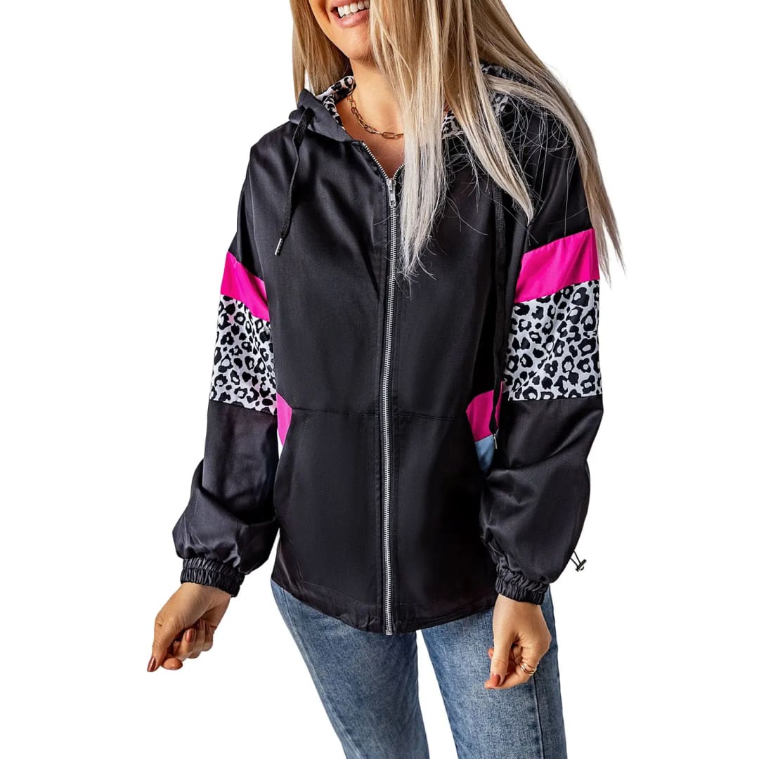 White Leopard Color Block Pockets Zip-up Hooded Jacket | Fashionfitz