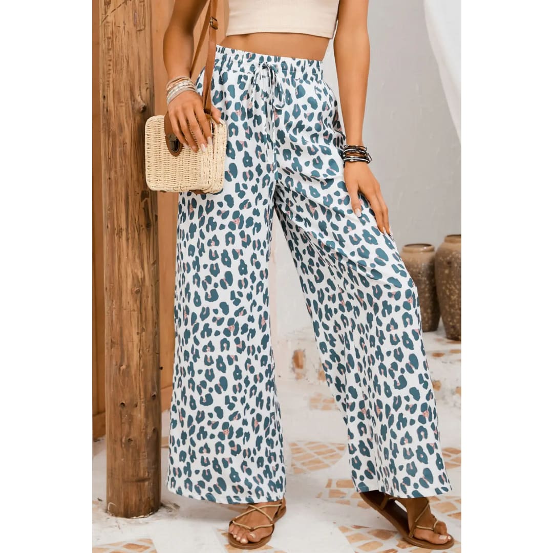 White Leopard Print Pocketed Wide Leg Pants | Fashionfitz