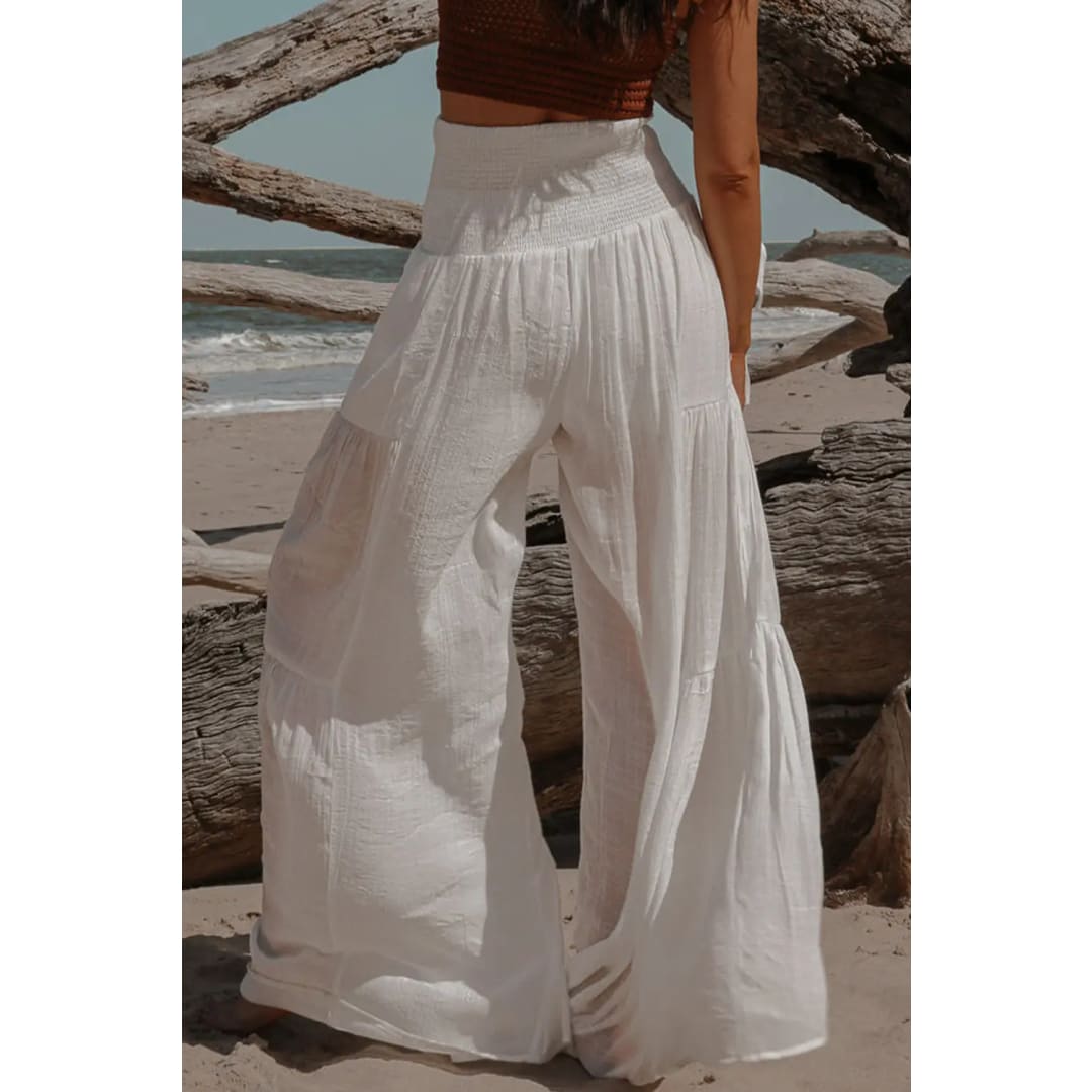 White Smocked High Waist Bohemian Wide Leg Pants | Fashionfitz