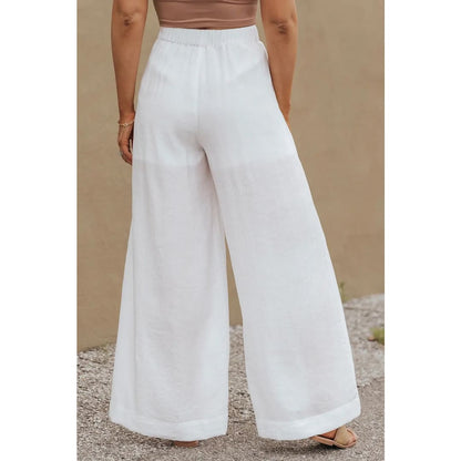 White Solid Color Elastic Waist Pleated Wide Leg Pants | Fashionfitz