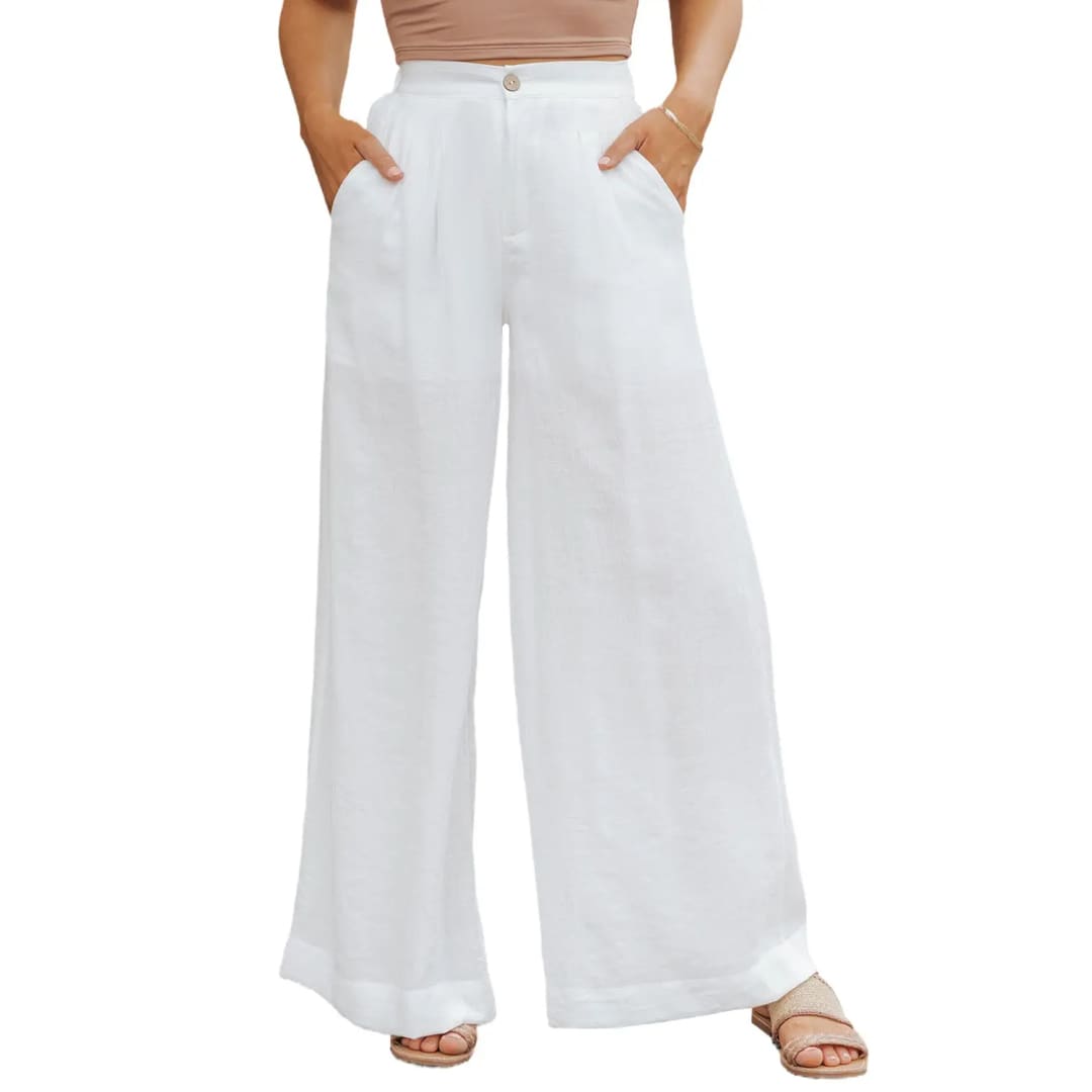 White Solid Color Elastic Waist Pleated Wide Leg Pants | Fashionfitz