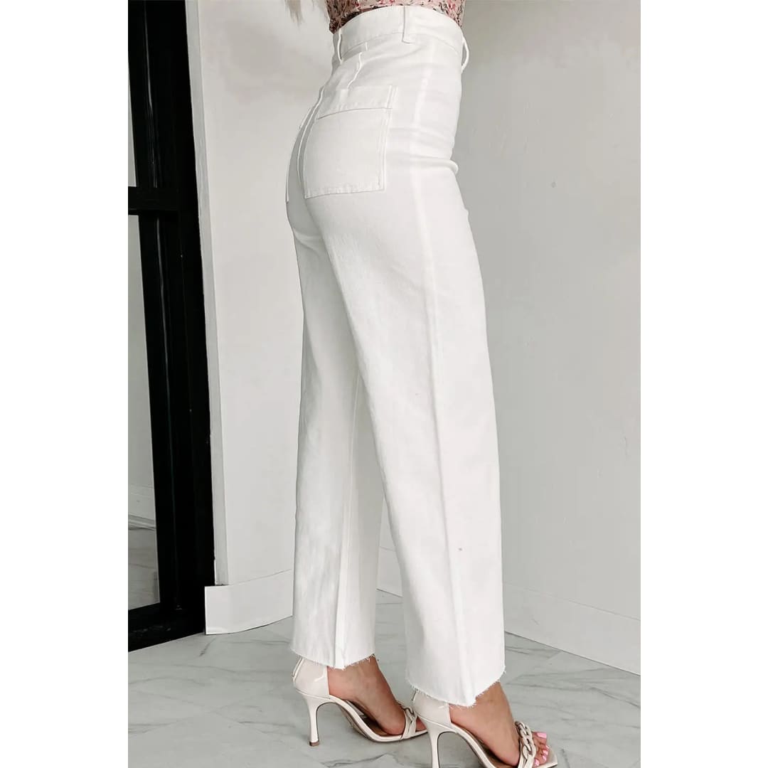 White Solid Raw Hem Wide Leg Crop Jeans | The Urban Clothing Shop™