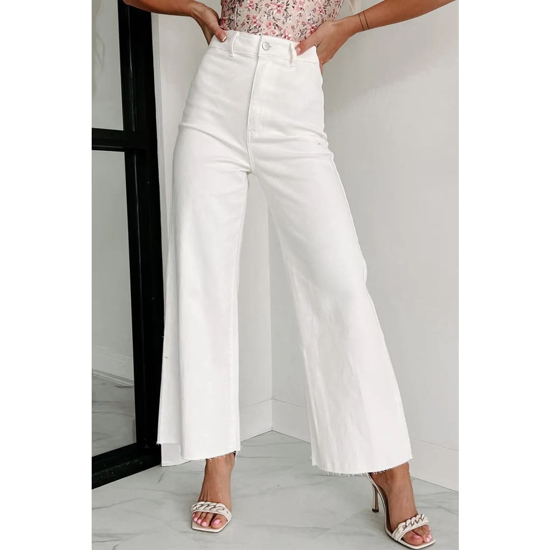 White Solid Raw Hem Wide Leg Crop Jeans | The Urban Clothing Shop™