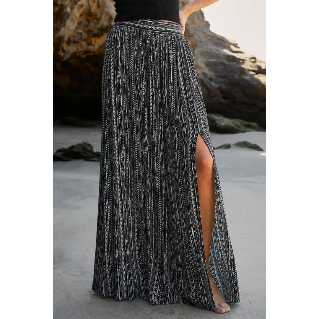 White Striped Printed Slit Wide Leg High Waist Pants | Fashionfitz