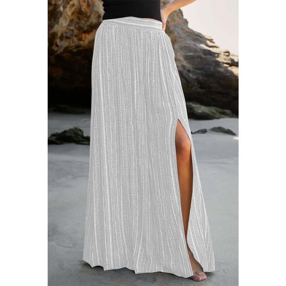 White Striped Printed Slit Wide Leg High Waist Pants | Fashionfitz