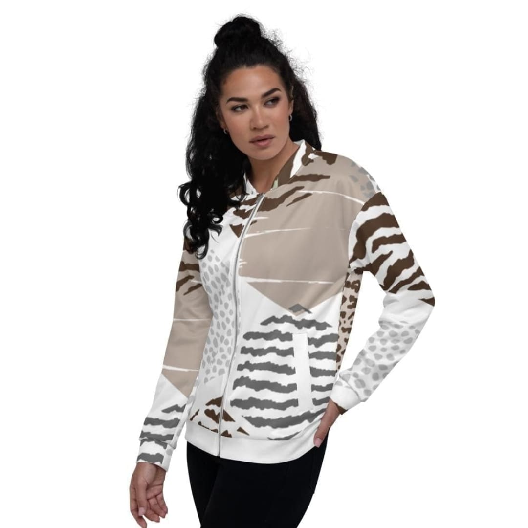 Womens Bomber Jacket White/taupe Geometric | IPFL | inQue.Style