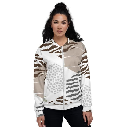 Womens Bomber Jacket White/taupe Geometric | IPFL | inQue.Style