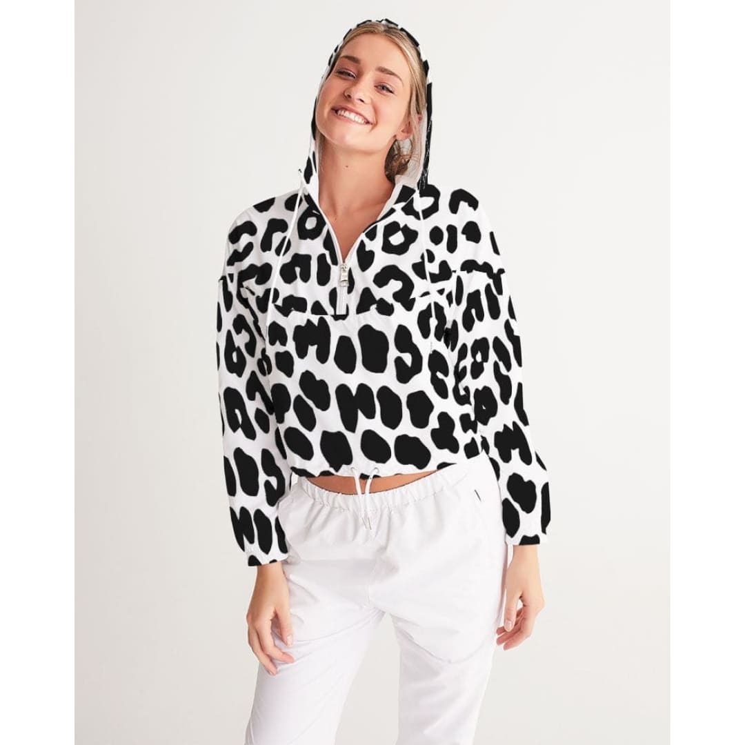 Womens Cropped Windbreaker Jacket - Black And White Leopard Print | IKIN | inQue.Style