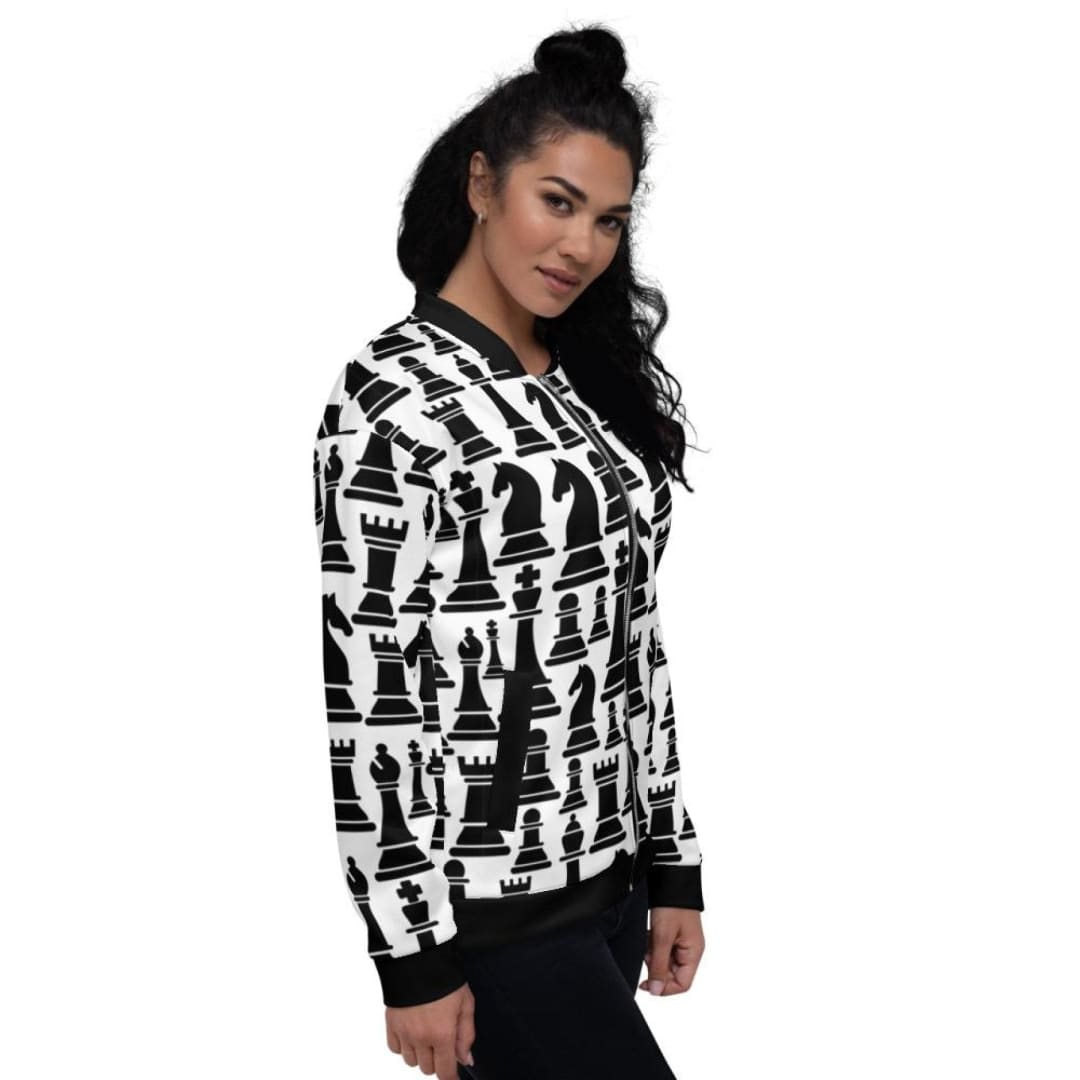 Womens Jacket - Black And White Chess Style Bomber Jacket | IPFL | inQue.Style