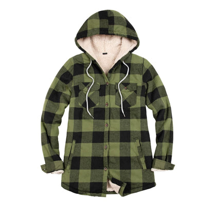 Women’s Matching Family Sherpa Lined Green Flannel Jacket with Hood | FlannelGo