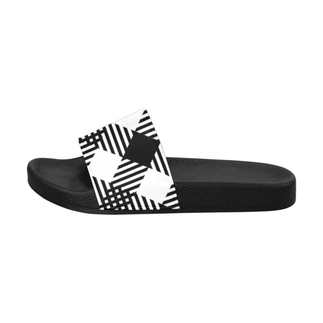 Womens Slides Flip Flop Sandals Black And White Plaid Print | IAA | inQue.Style