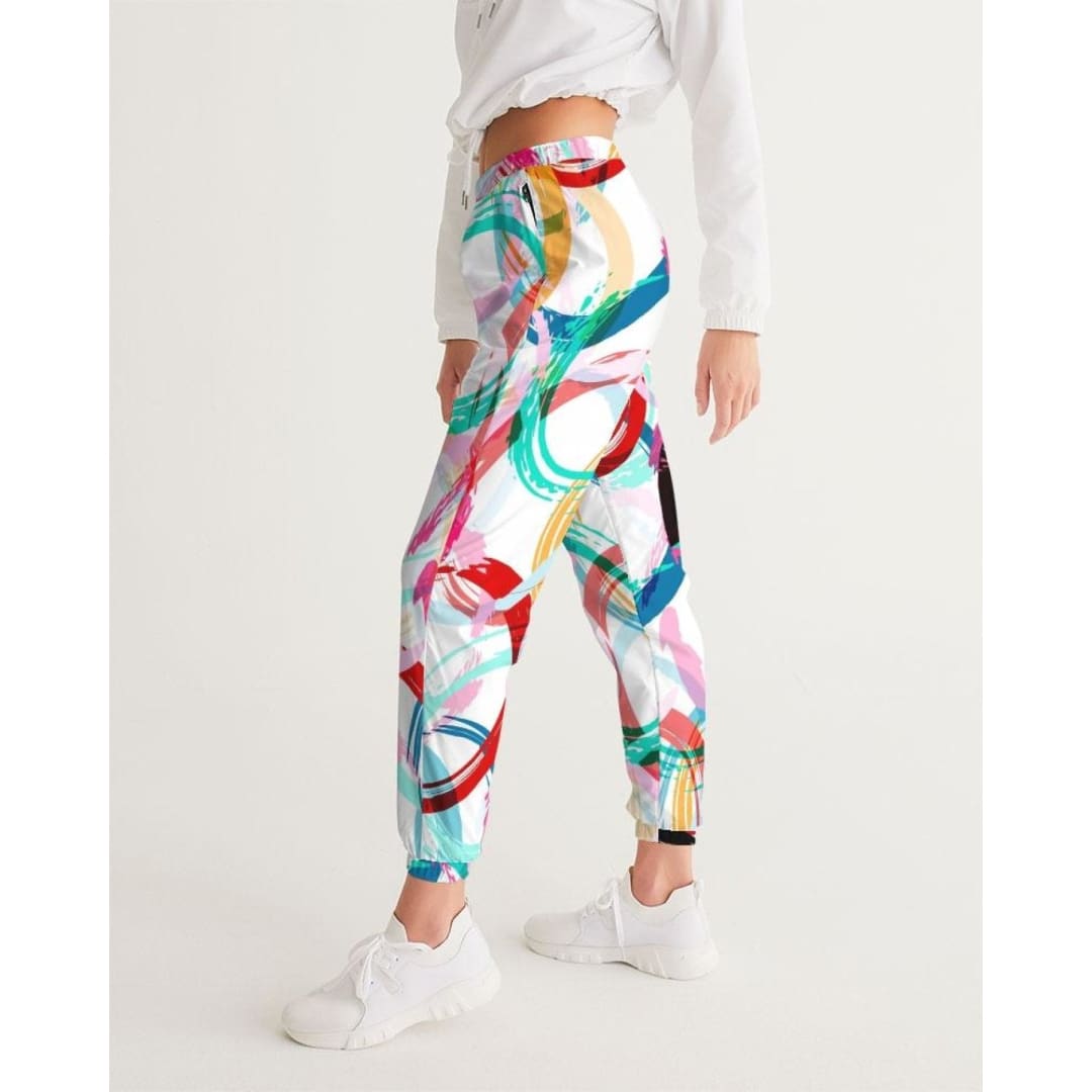 Womens Track Pants - White Multicolor Circular Graphic Sports Pants | IKIN | inQue.Style