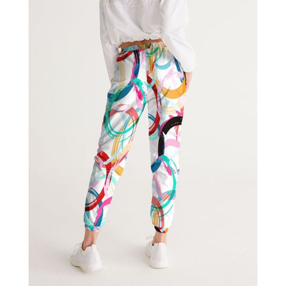 Womens Track Pants - White Multicolor Circular Graphic Sports Pants | IKIN | inQue.Style