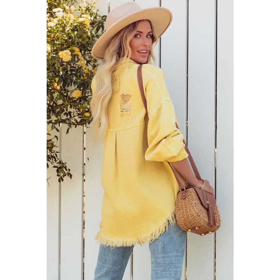 Yellow Distressed Fringe Trim Denim Jacket | Fashionfitz