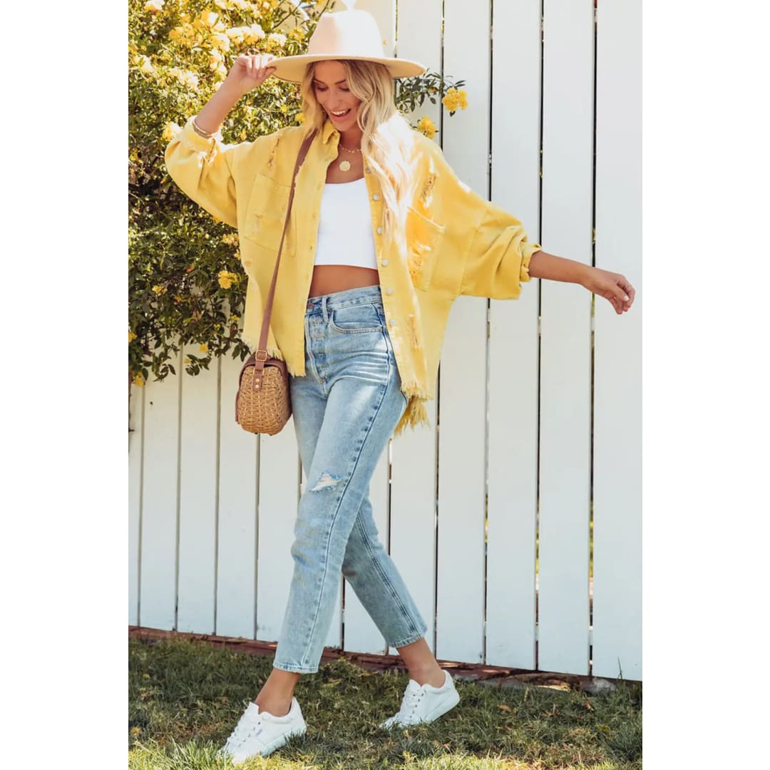 Yellow Distressed Fringe Trim Denim Jacket | Fashionfitz