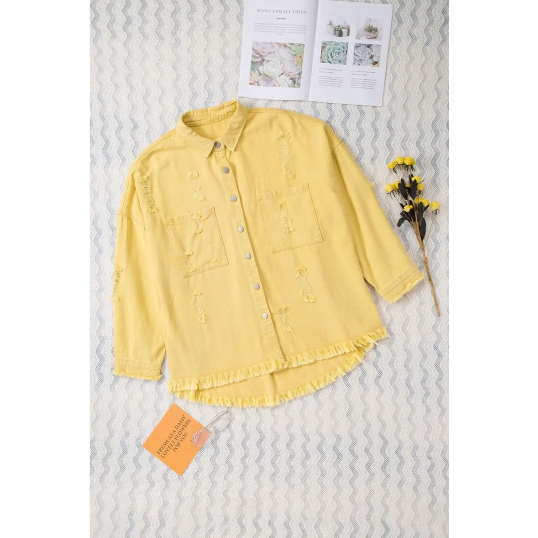 Yellow Distressed Fringe Trim Denim Jacket | Fashionfitz