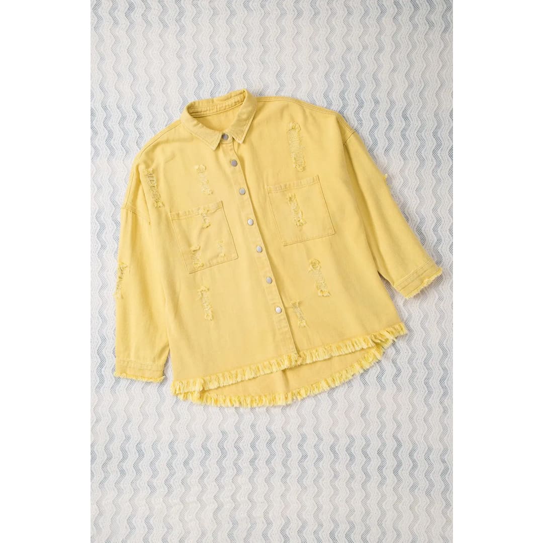 Yellow Distressed Fringe Trim Denim Jacket | Fashionfitz