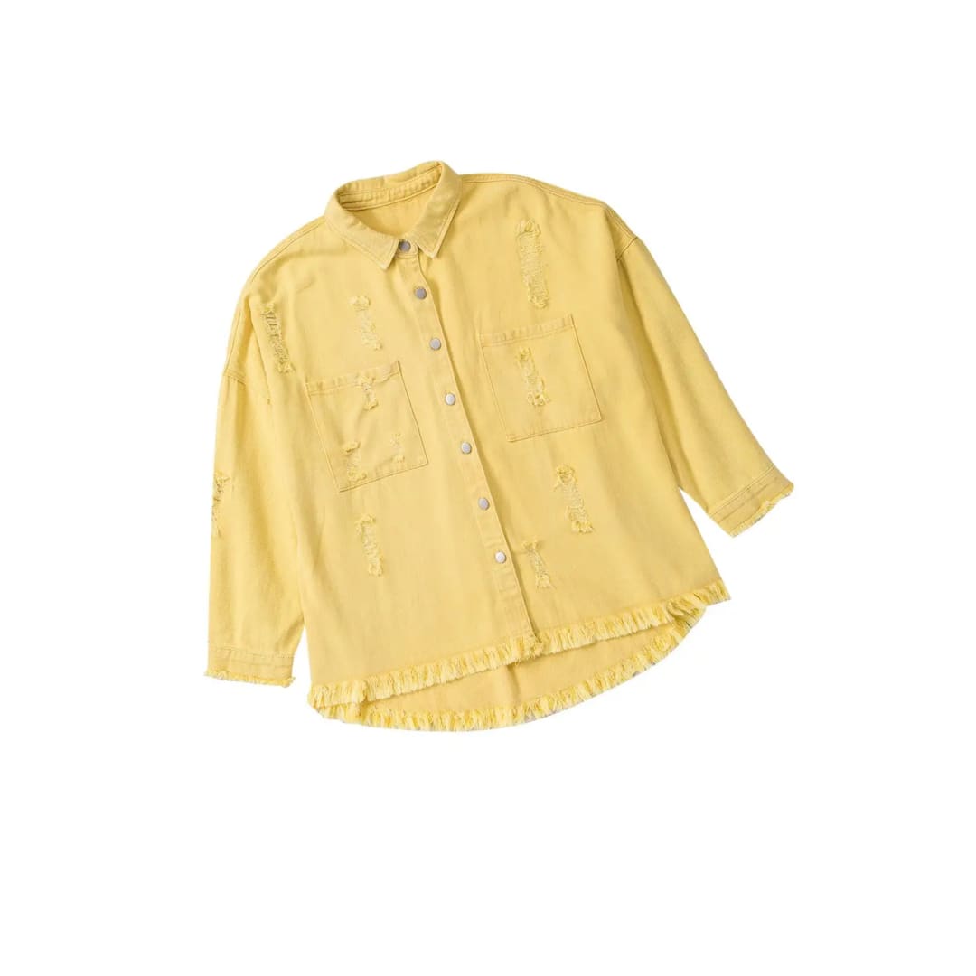 Yellow Distressed Fringe Trim Denim Jacket | Fashionfitz