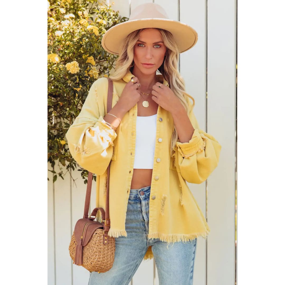 Yellow Distressed Fringe Trim Denim Jacket | Fashionfitz