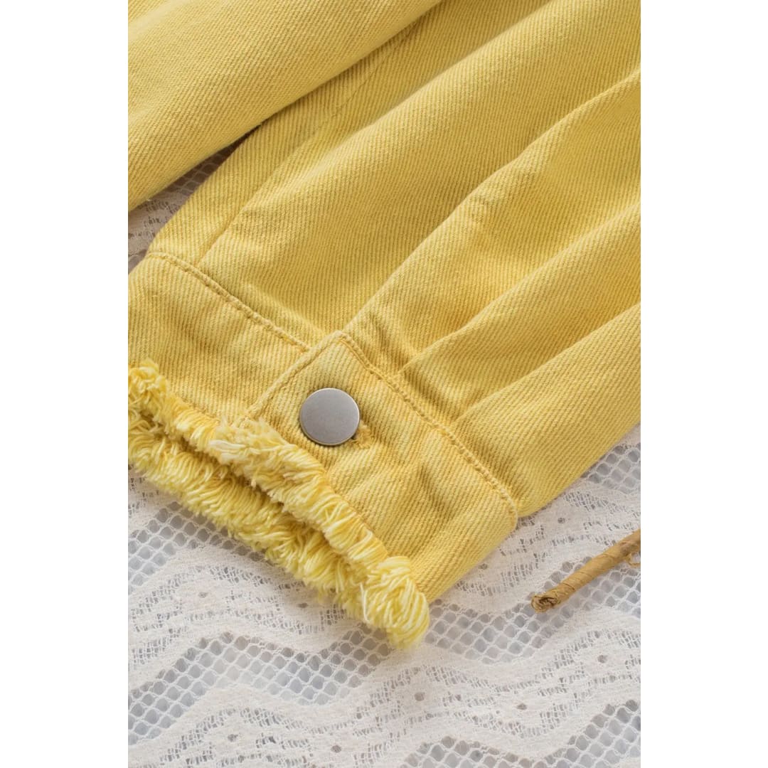 Yellow Distressed Fringe Trim Denim Jacket | Fashionfitz