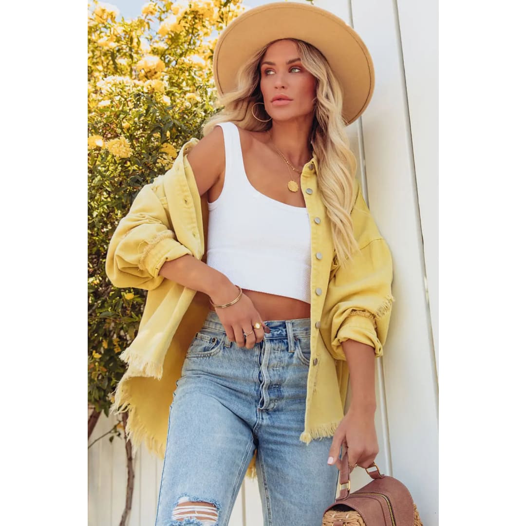 Yellow Distressed Fringe Trim Denim Jacket | Fashionfitz