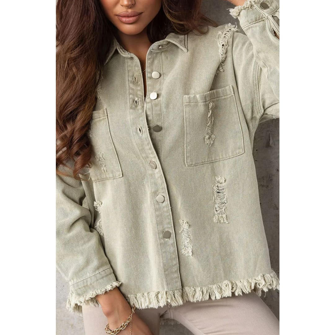 Yellow Distressed Fringe Trim Denim Jacket | Fashionfitz