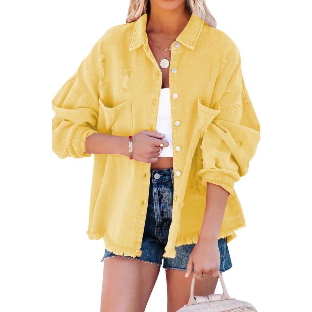 Yellow Distressed Fringe Trim Denim Jacket | Fashionfitz