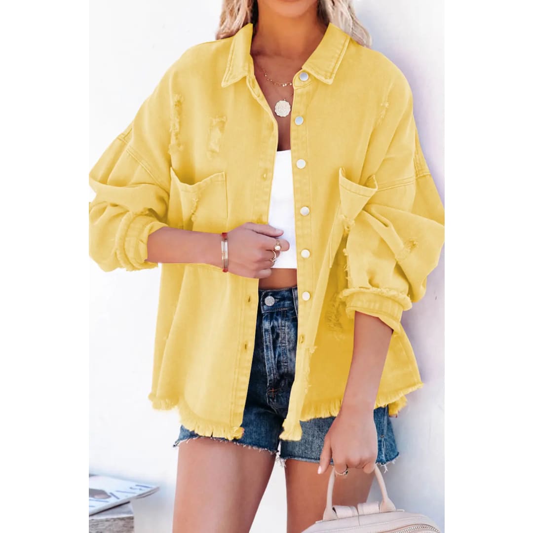 Yellow Distressed Fringe Trim Denim Jacket | Fashionfitz