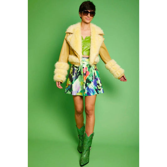 Yellow Faux Leather Faux Fur Biker Jacket | Buy Me Fur Ltd