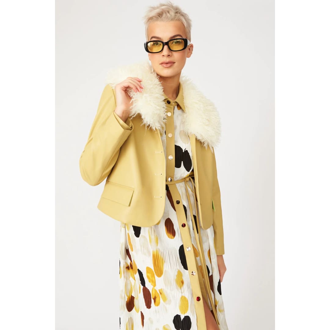 Yellow Faux Leather Jacket With Faux Shearling Collar | Buy Me Fur Ltd