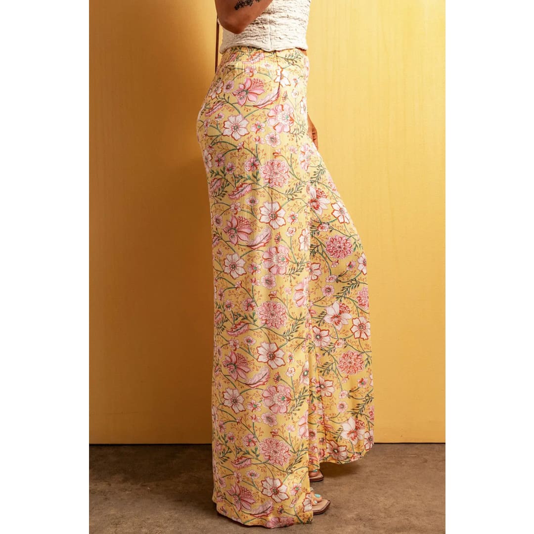 Yellow Floral Print High Slit Wide Leg Pants | Fashionfitz