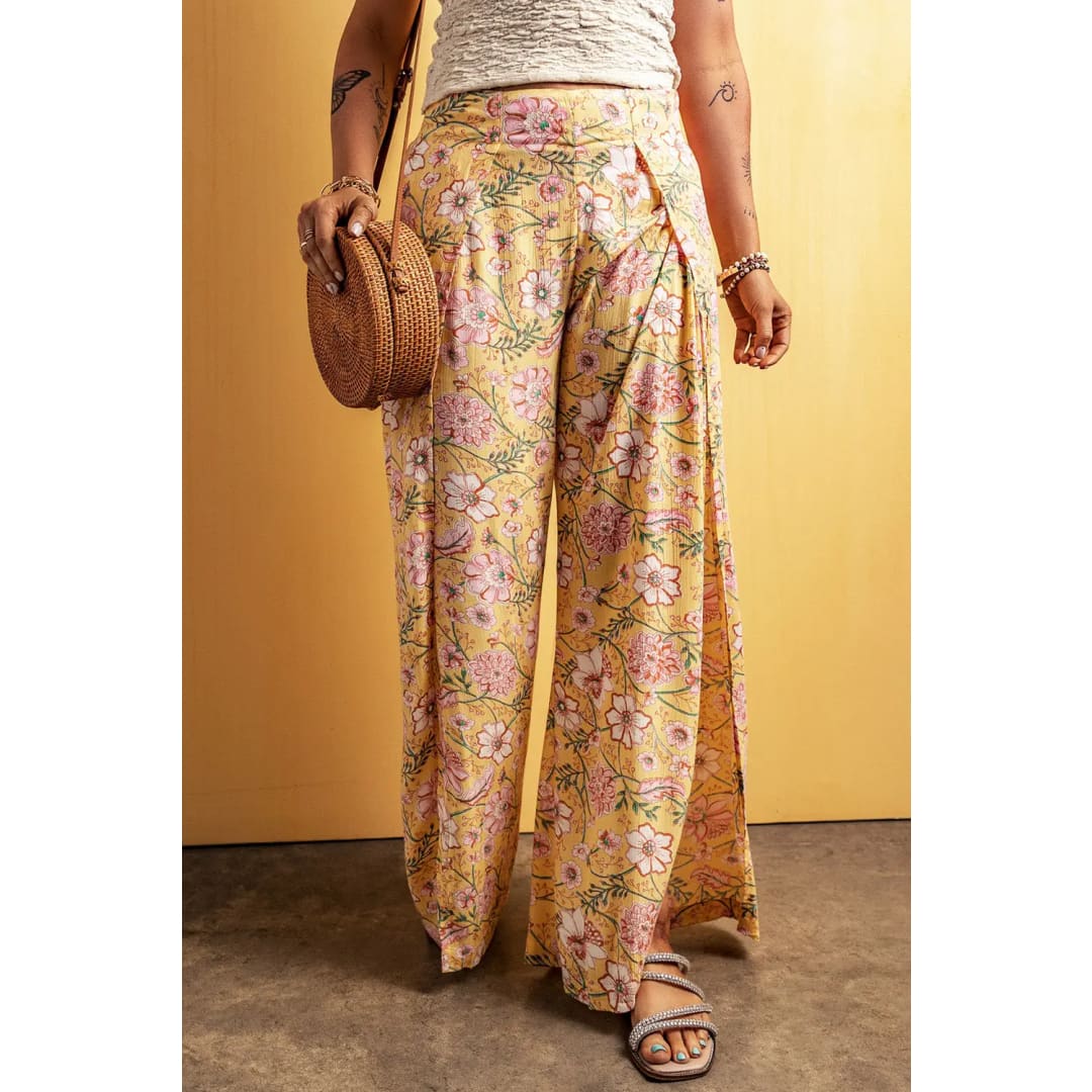Yellow Floral Print High Slit Wide Leg Pants | Fashionfitz