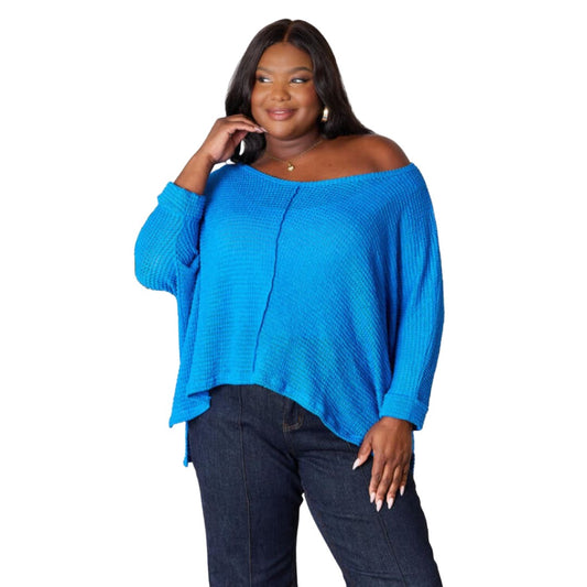 Full Size Round Neck High-Low Slit Knit Top | The Urban Clothing Shop™