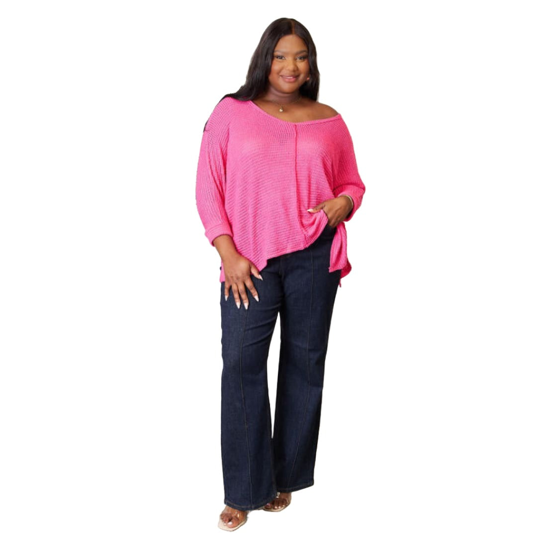 Full Size Round Neck High-Low Slit Knit Top - Fuchsia | The Urban Clothing Shop™