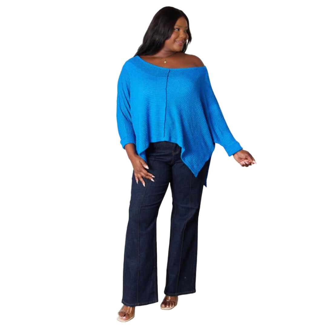 Full Size Round Neck High-Low Slit Knit Top | The Urban Clothing Shop™