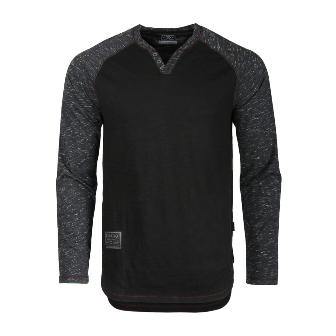 ZIMEGO Long Sleeve Contrast Raglan Henley V-Neck T-Shirts BLK-BLK | ZIMEGO MEN