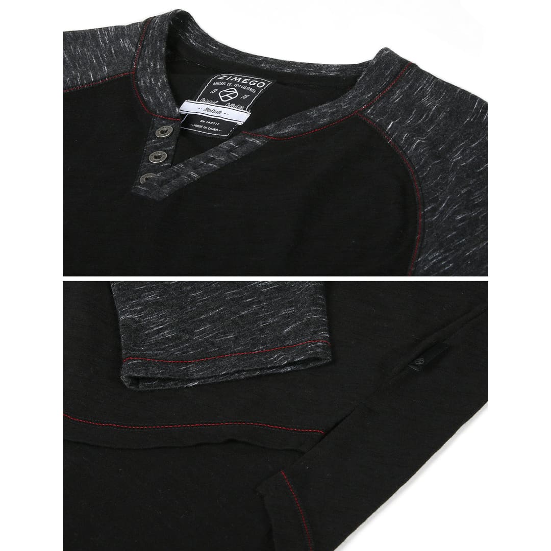 ZIMEGO Long Sleeve Contrast Raglan Henley V-Neck T-Shirts BLK-BLK | ZIMEGO MEN