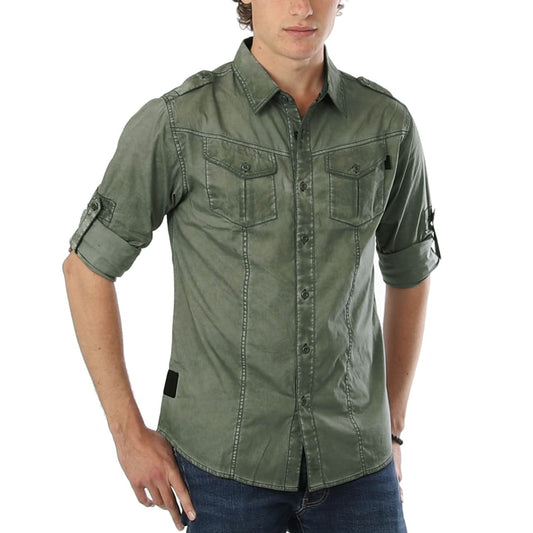 ZIMEGO Men’s Stretch Roll-Up Sleeve Color Washed Vintage Rugged Fashion Button Shirts