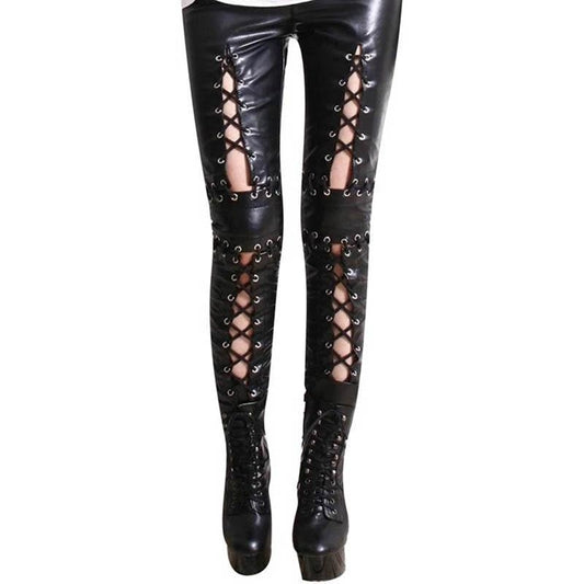 Faux Leather Pant Punk Rock Leggings Sexy Gothic Black Lace Up Bandage Leggings Calzas 
