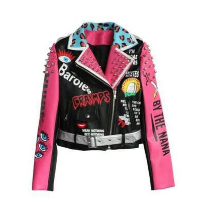 Leopard Graffiti Print Riveted Leather Jacket | The Urban Clothing Shop™