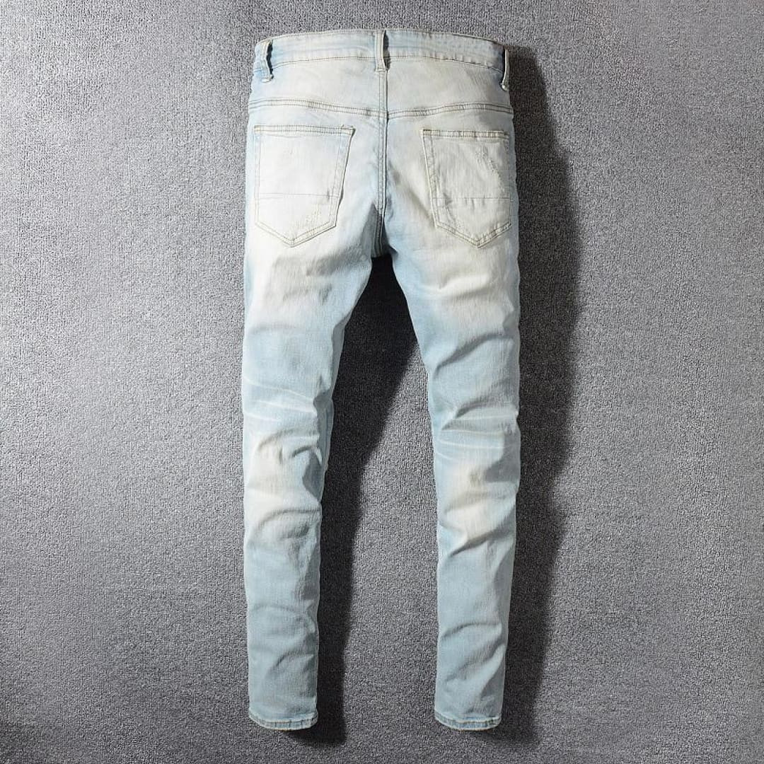 Ripped Paisley Printed Light Blue Biker Jeans | The Urban Clothing Shop™